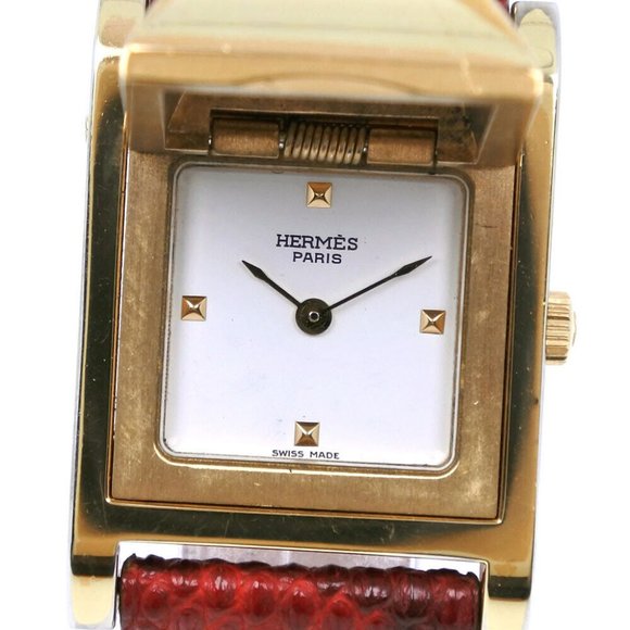 Auth HERMES Medor Watches gold/Red Plated Gold/leather Quartz Analog display Wo. - Picture 1 of 16